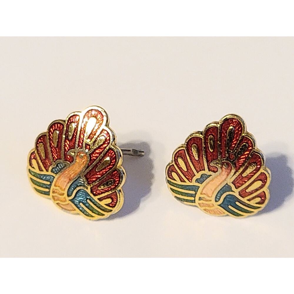 Vintage Enamel Peacock Small Post Pierced Earrings 1/2" Bird Red Pink Green rp33